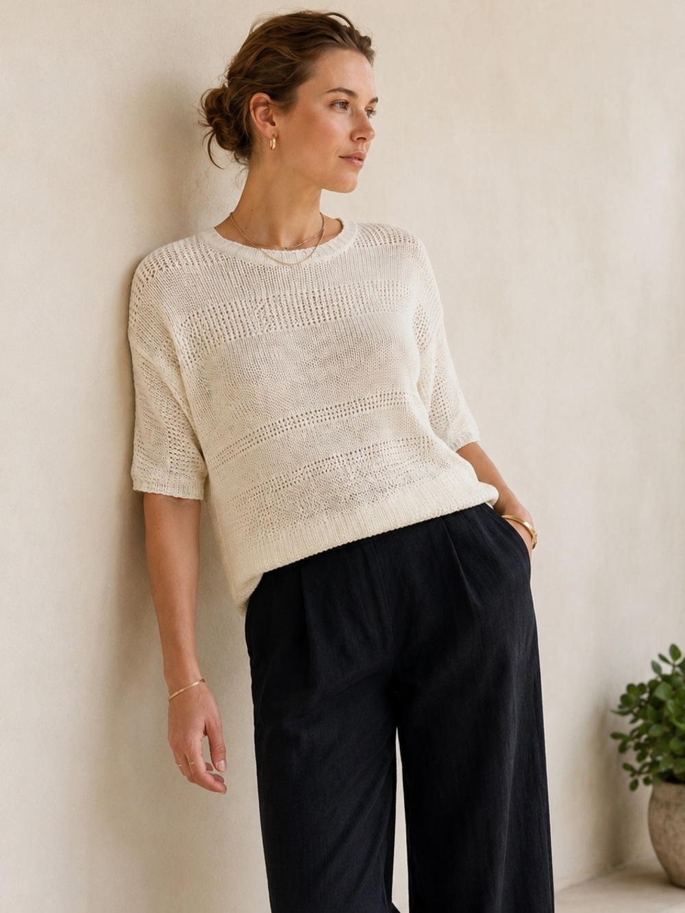 Lafayette 148 NY 100% Hemp Open Knit Sweater Ivory Short Sleeve XL EUC